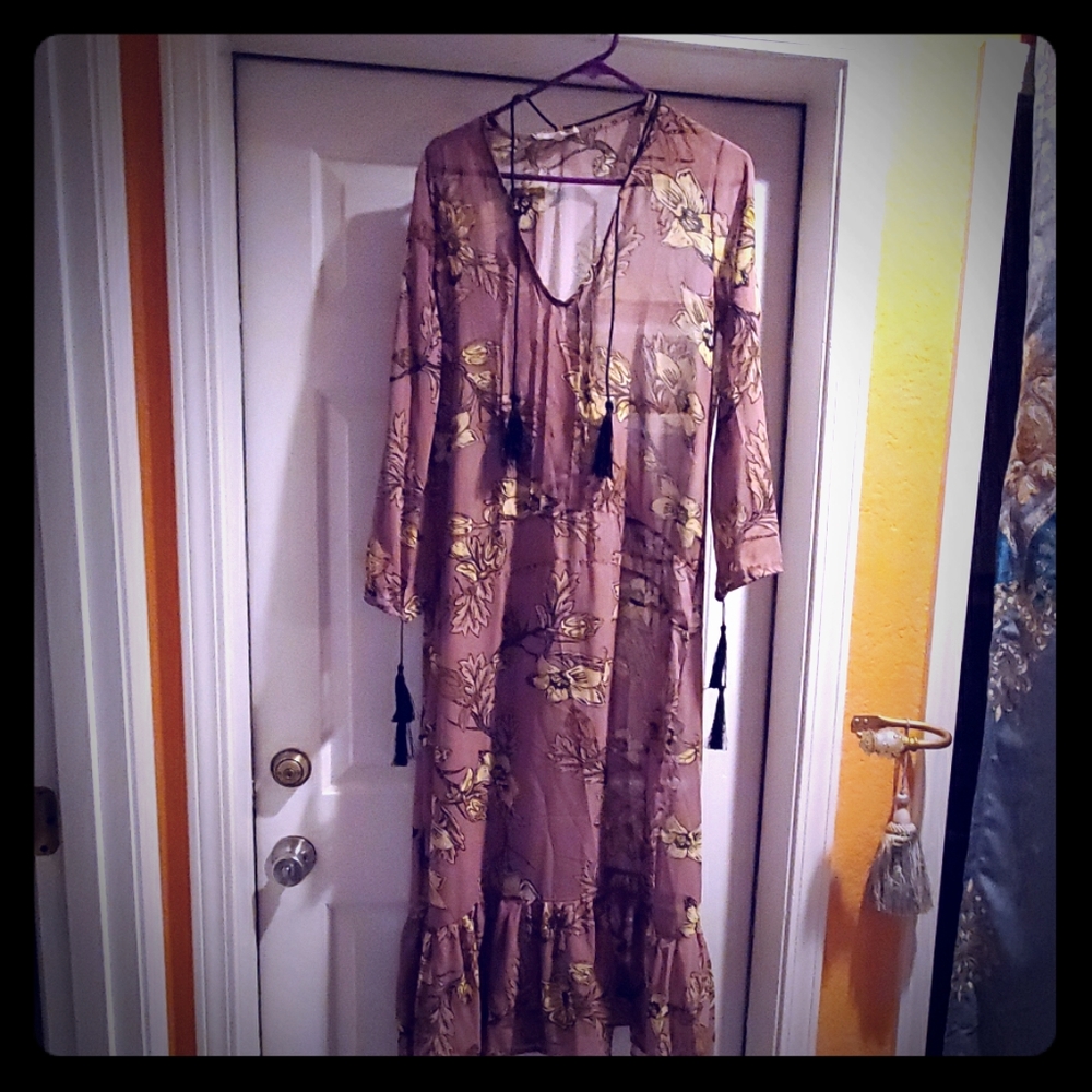 BohoMauve pale yellow Chiffon Maxi Dress with ruff